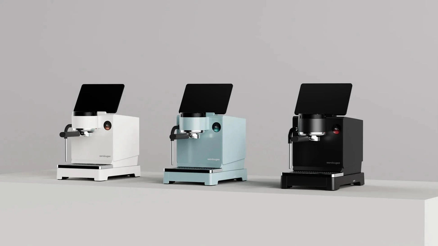 Wendougee LITA-BA Coffee Machine in white, blue, and black on a minimalist countertop.