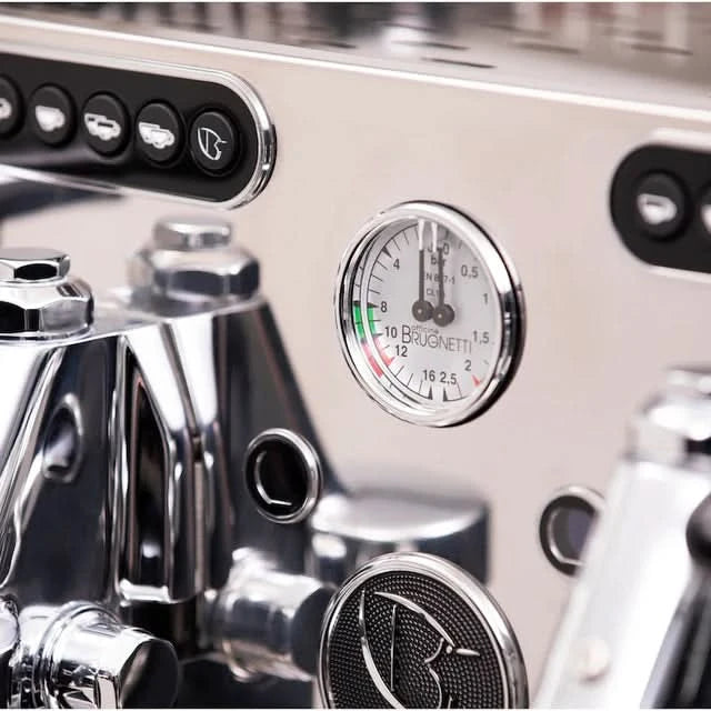 Close-up of the Brugnetti Viola 2 Group Compact Commercial Espresso Machine's pressure gauge and control buttons.