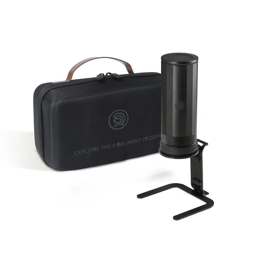 ZeroHero Coffee Maker ProKit with Stand BLACK and carrying case for portable espresso brewing.