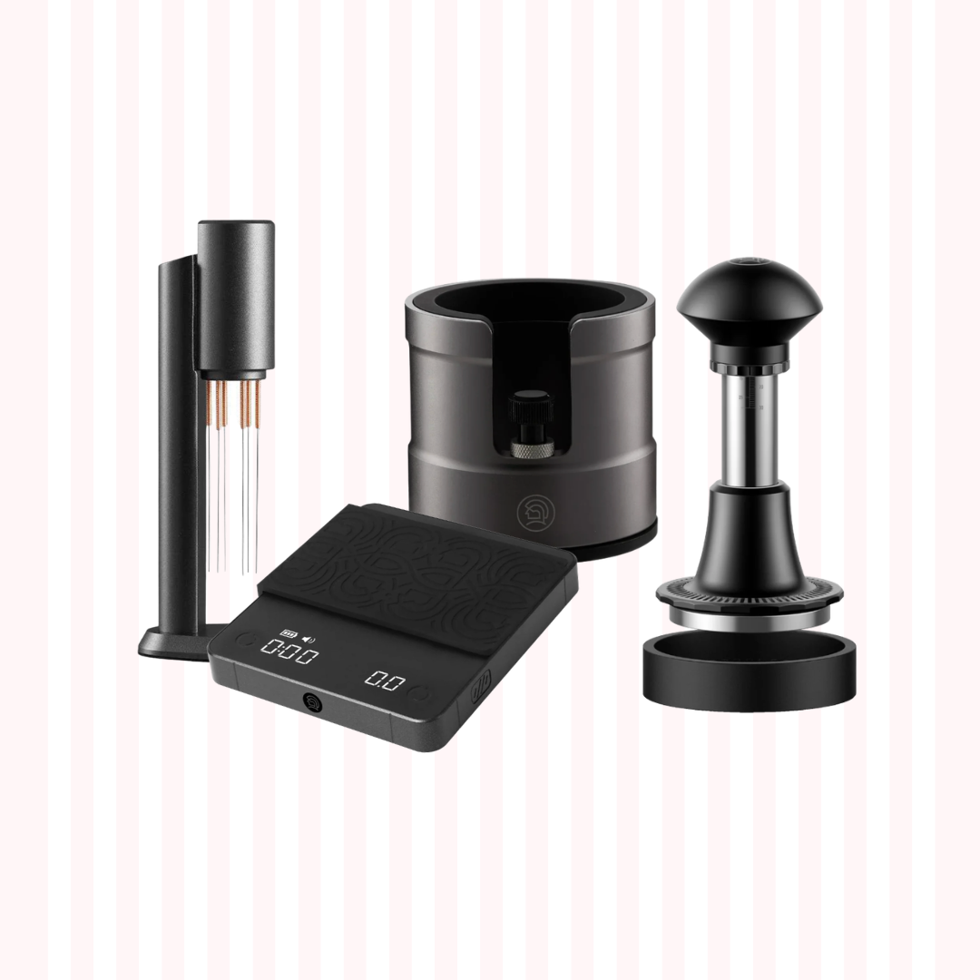 ZeroHero Best accessory package includes tamper, scale, dosing funnel, and coffee knock box for baristas.