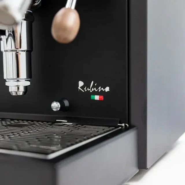 Quick Mill Rubino Luxe Espresso Machine Black close-up of logo and control features