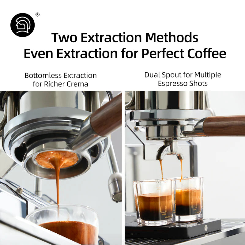 ZeroHero 58mm Walnut Bottomless Portafilter showcasing two extraction methods for perfect coffee.