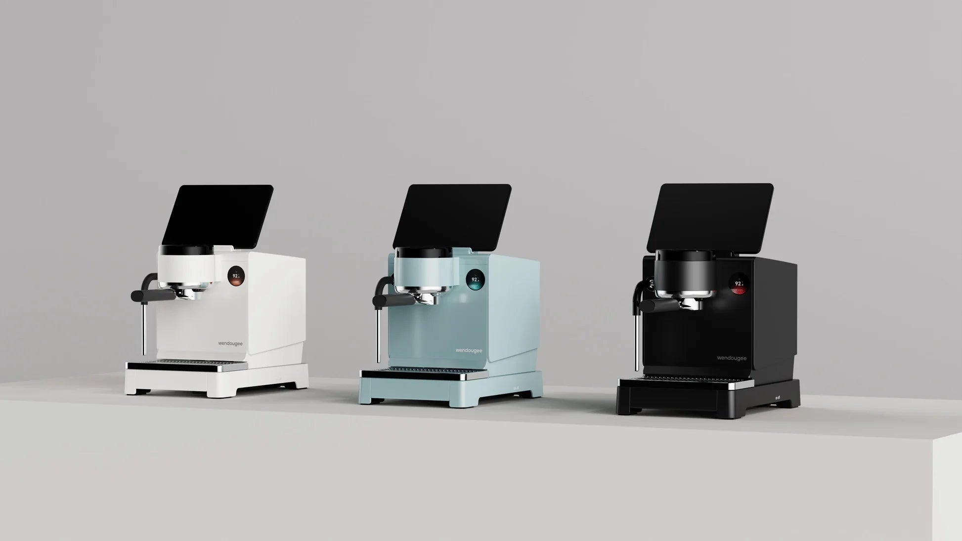 Wendougee LITA-BA Coffee Machine in white, blue, and black on a minimalist countertop.