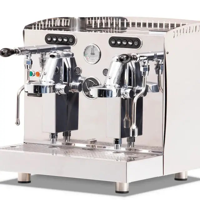 Brugnetti Viola 2 Group Compact Commercial Espresso Machine with dual group heads and heat exchange boiler.