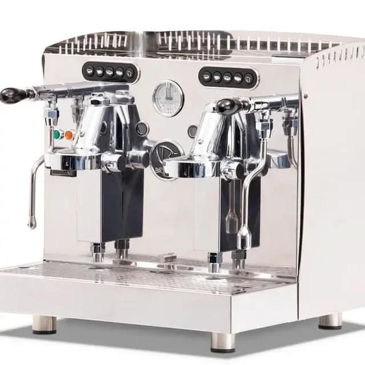 Brugnetti Viola 2 Group Compact Commercial Espresso Machine with dual group heads and heat exchange boiler.