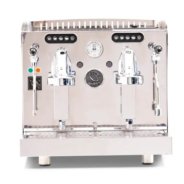 Brugnetti Viola 2 Group Compact Commercial Espresso Machine with dual group heads and chrome finish.