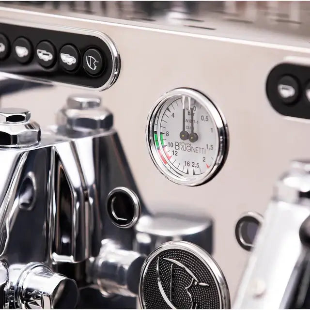 Close-up of the Brugnetti Viola 2 Group Compact Commercial Espresso Machine's pressure gauge and control buttons.