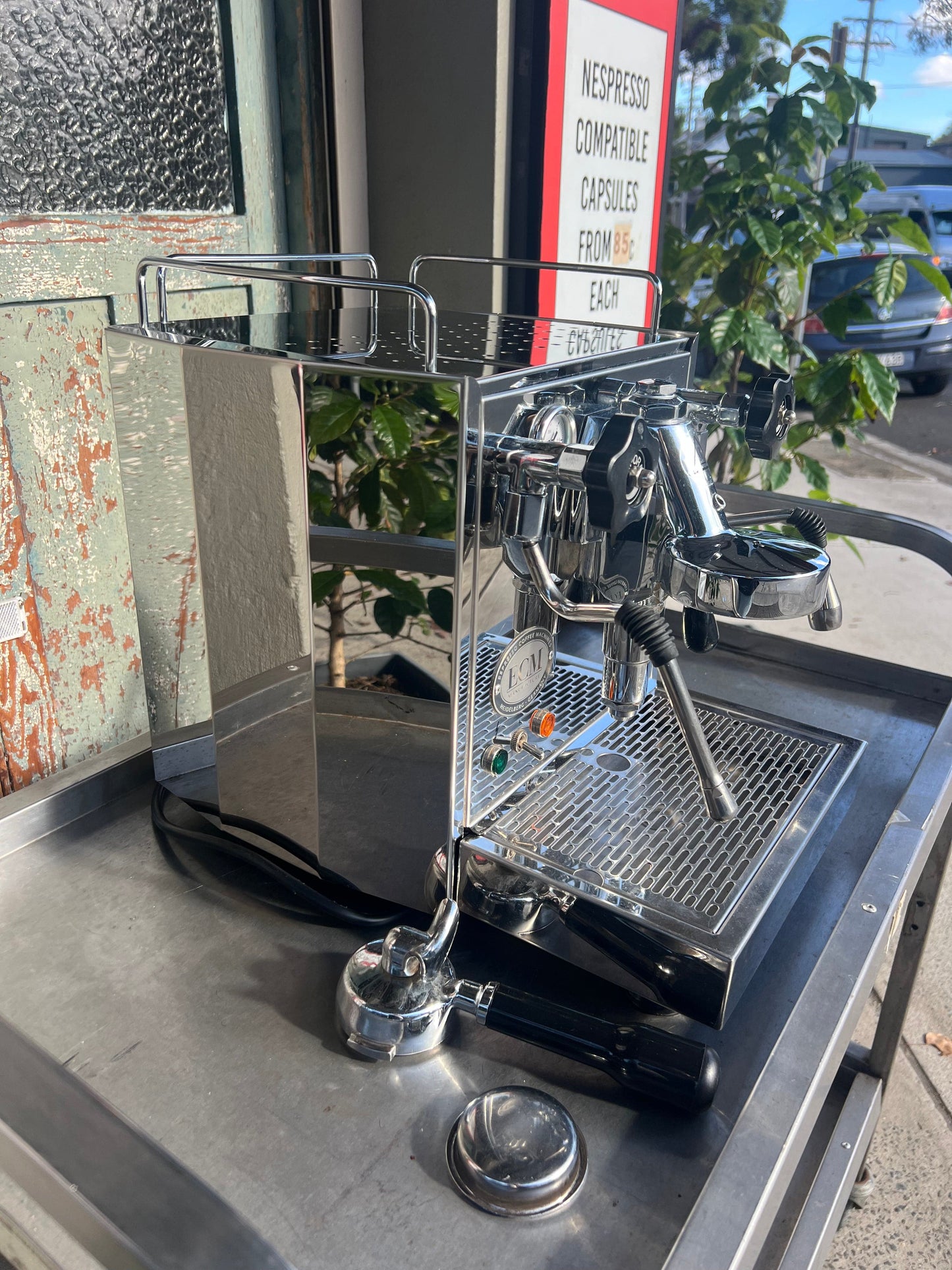 ECM Barista Coffee Machine Pre Loved on a stainless steel surface with a clear background.