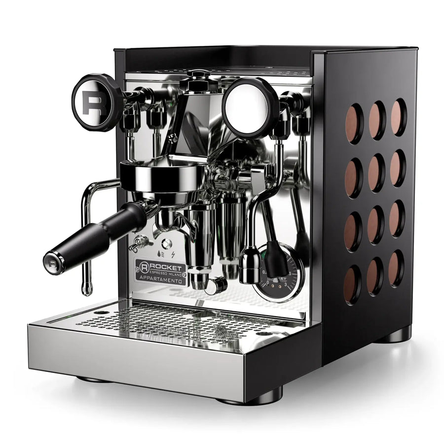 Rocket Appartamento TCA Black Copper Coffee Machine side view with refined group head and sleek design.