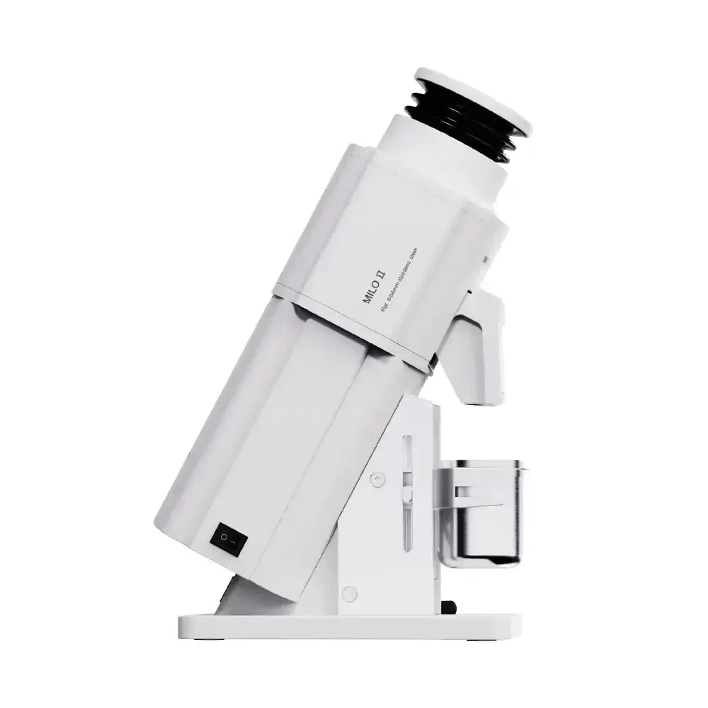 Wendougee Milo Play Coffee Grinder White shown from the side view, highlighting its sleek design and functionality.