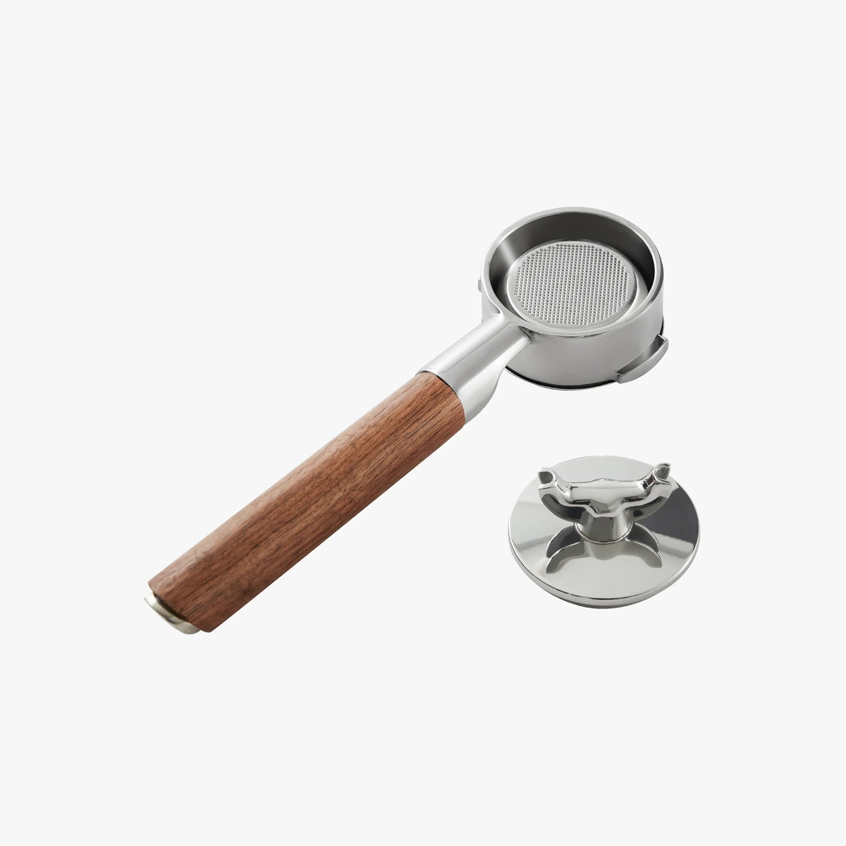 ZeroHero 58mm Walnut Bottomless Portafilter showcasing a wooden handle and metallic portafilter head.